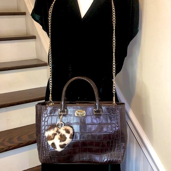 MICHAEL KORS Kellan Croc Embossed Brown Leather Satchel Crossbody Shoulder Bag - Picture 5 of 17